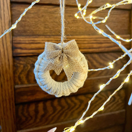 Handmade Macrame Ornament with Burlap Bow Accent | Christmas Ornament | Gift Tag