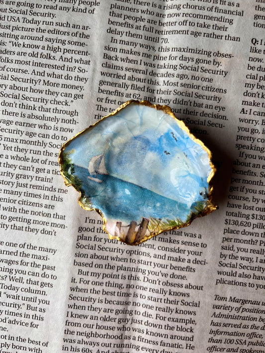 Handmade Decoupage Oyster Shell Trinket Tray | Jewelry Dish | Ring Dish