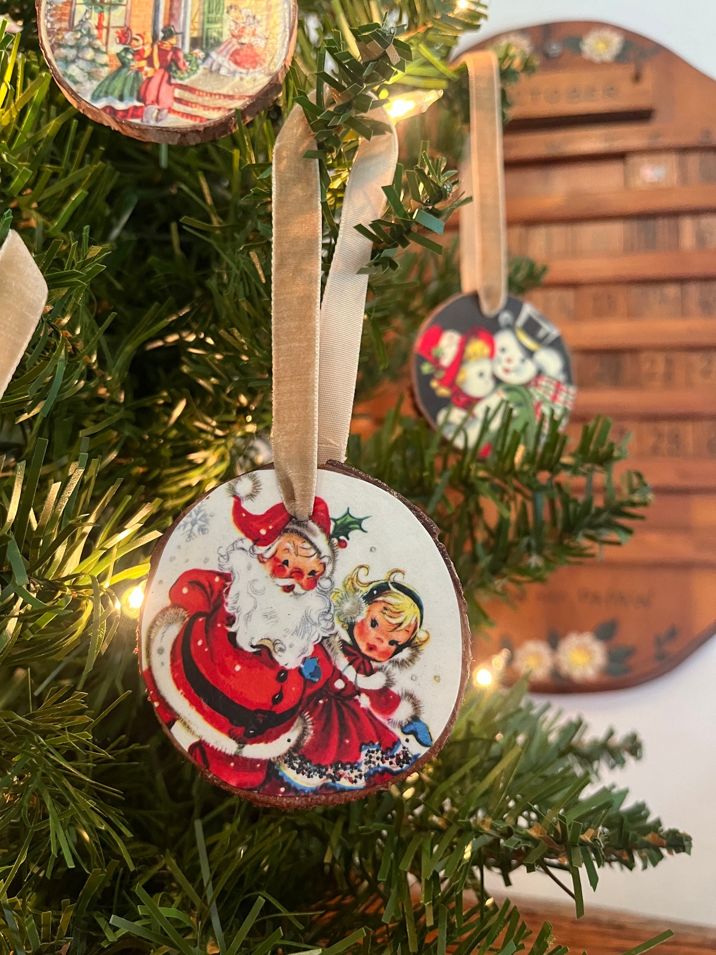 Handmade Retro Christmas Ornaments | Vintage Inspired | Natural Wood Slices |