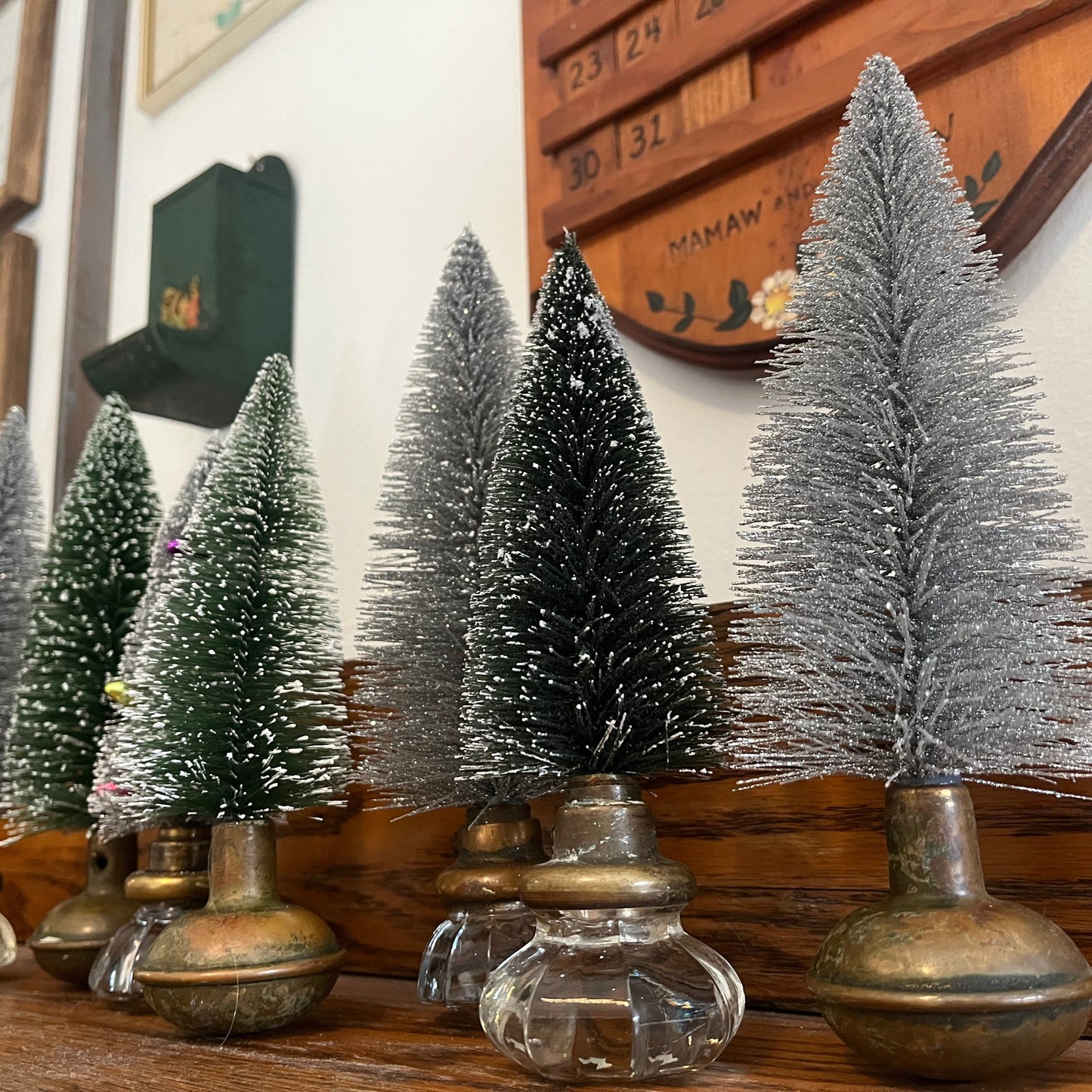 Christmas Tree with Vintage Metal Knob Base | Upcycled | Bottle Brush Tree | Handmade