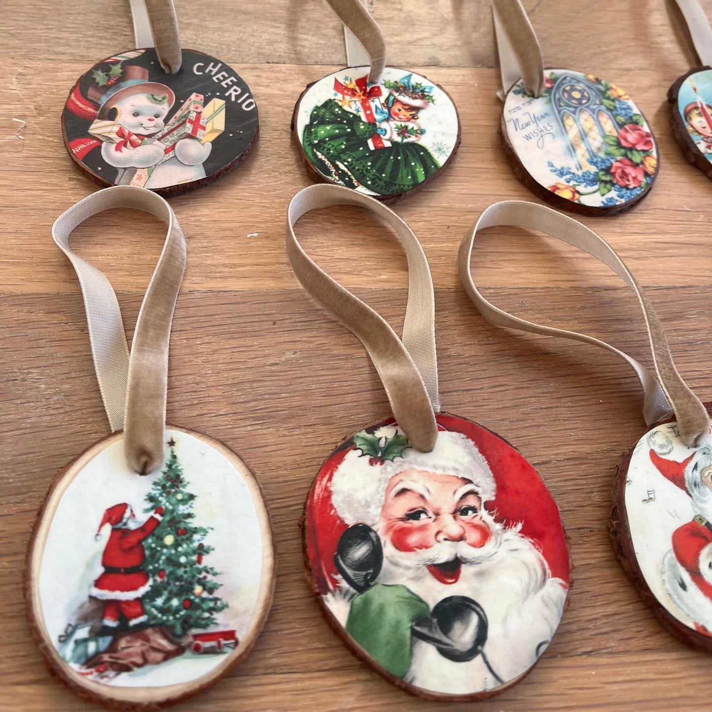 Handmade Retro Christmas Ornaments | Vintage Inspired | Natural Wood Slices |