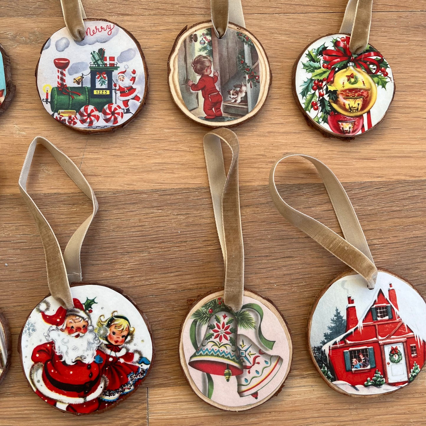 Handmade Retro Christmas Ornaments | Vintage Inspired | Natural Wood Slices |