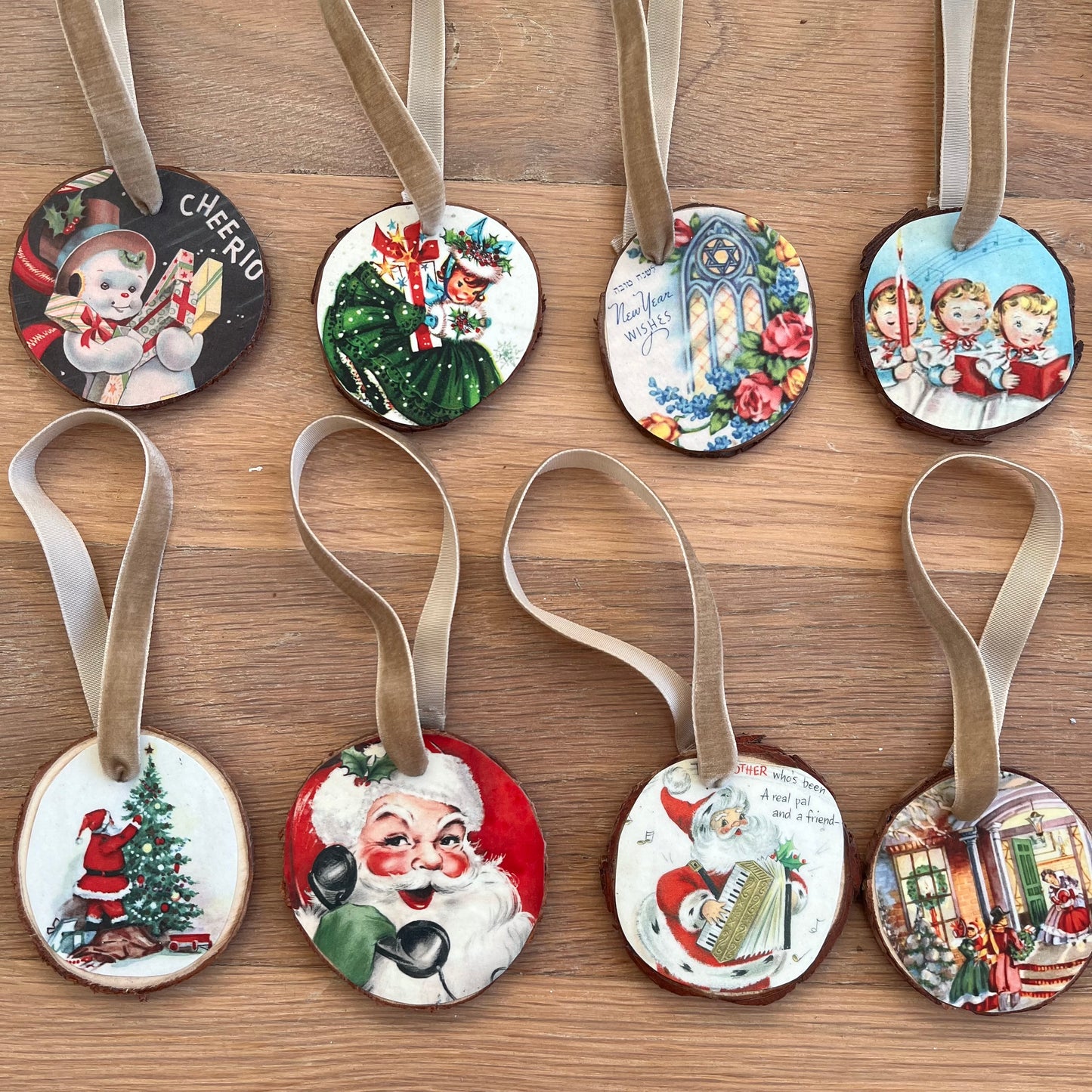 Handmade Retro Christmas Ornaments | Vintage Inspired | Natural Wood Slices |