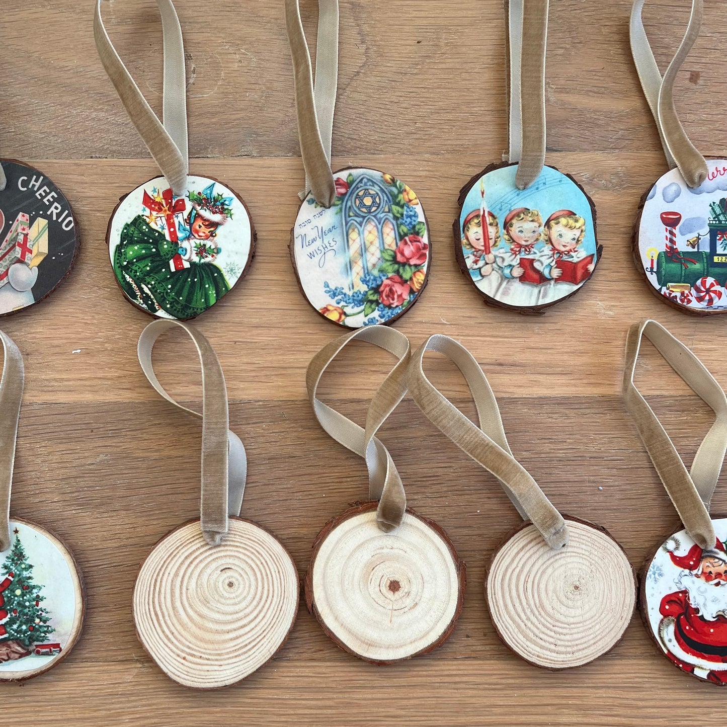 Handmade Retro Christmas Ornaments | Vintage Inspired | Natural Wood Slices |