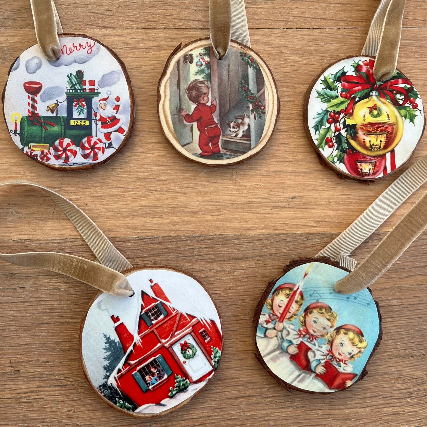 Handmade Retro Christmas Ornaments | Vintage Inspired | Natural Wood Slices |