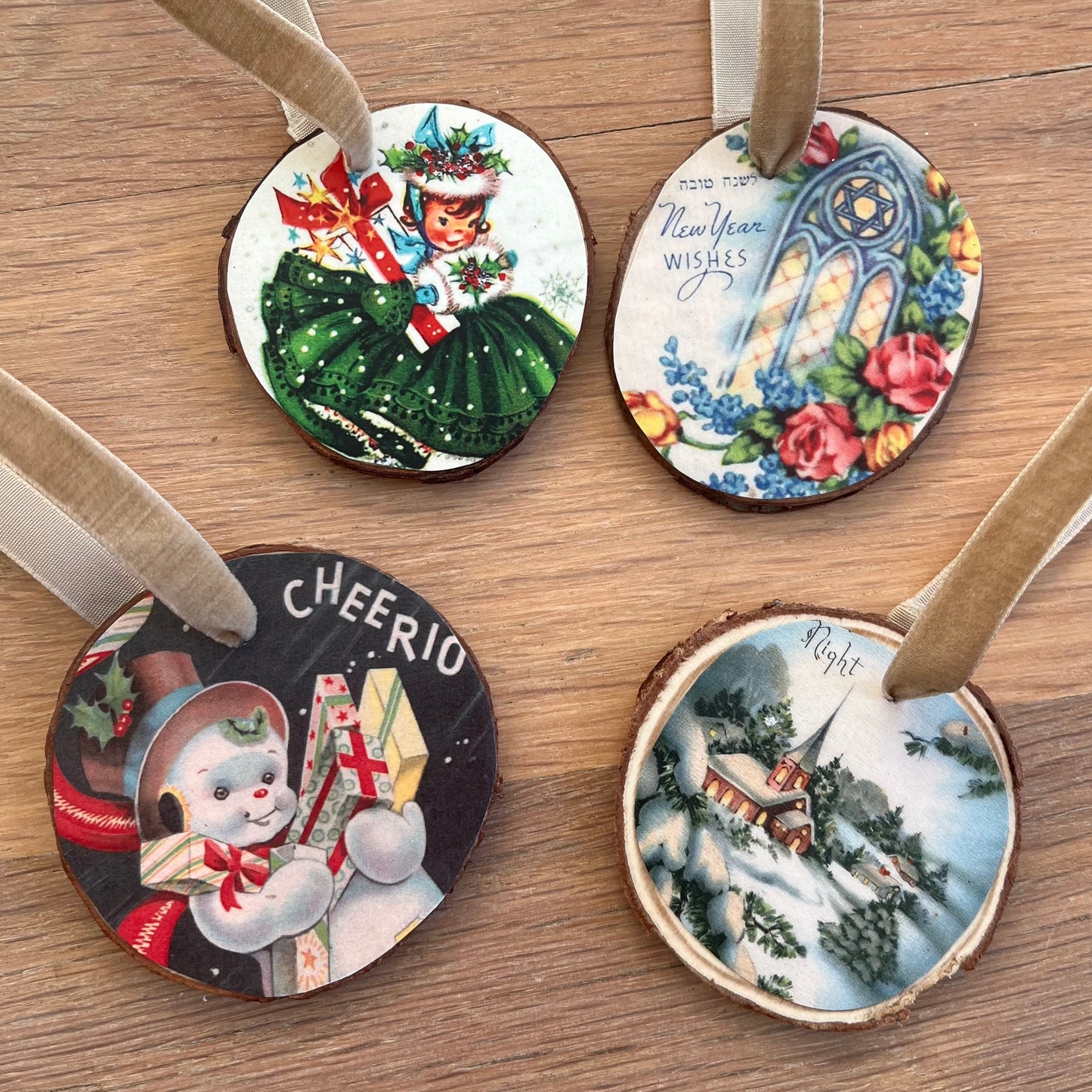 Handmade Retro Christmas Ornaments | Vintage Inspired | Natural Wood Slices |