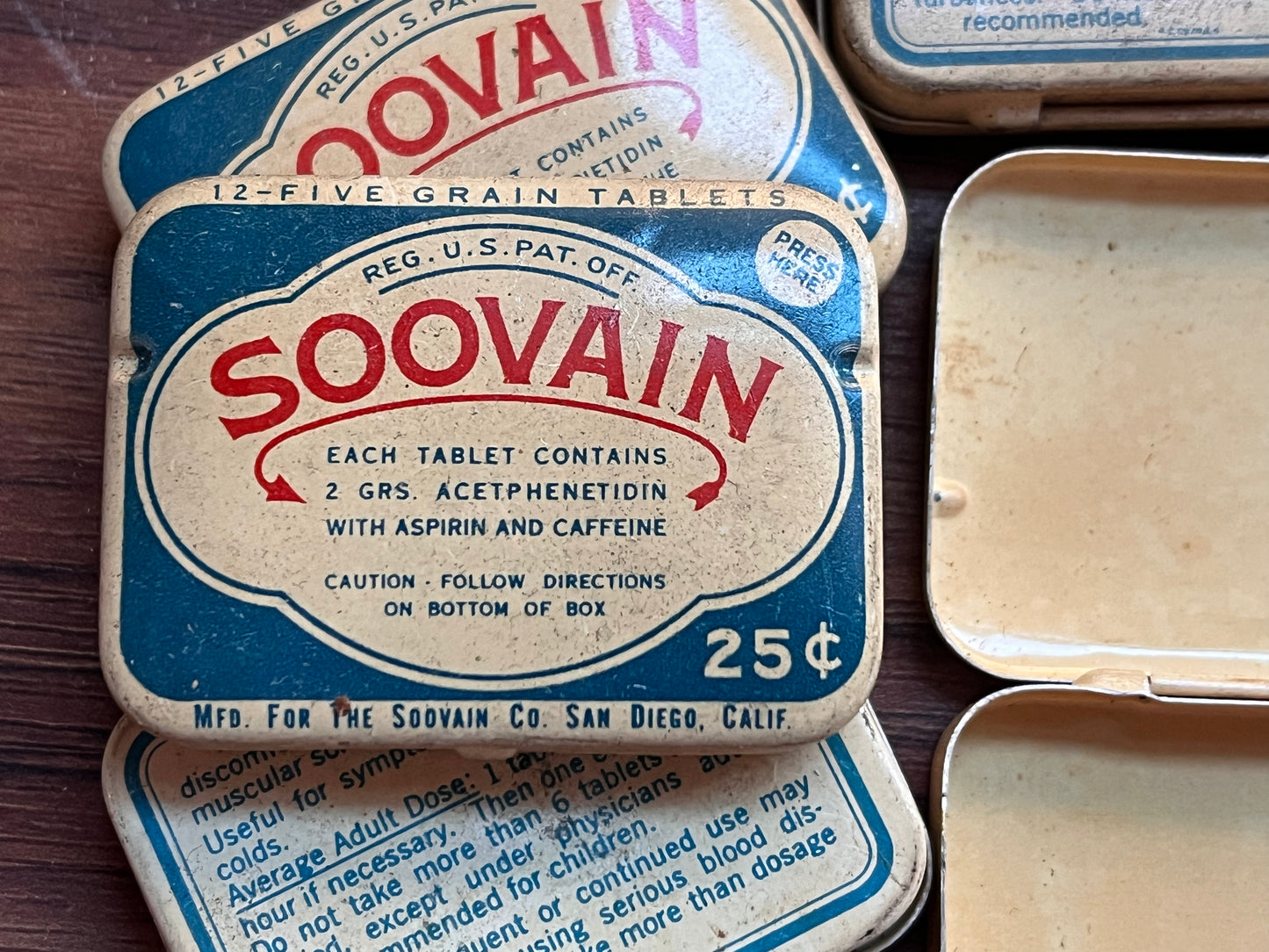 Vintage SOOVAIN Aspirin Litho Advertising Metal Tins (Empty)