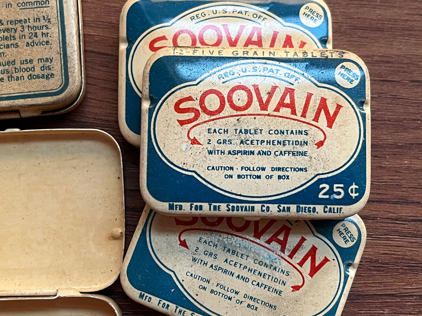 Vintage SOOVAIN Aspirin Litho Advertising Metal Tins (Empty)